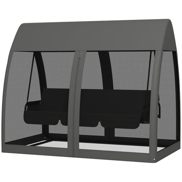 3-Seater Outdoor Swing Chair Chaise Lounger Bed Garden Hammock with Steel Stand, Canopy Netting Walls, Dark Grey