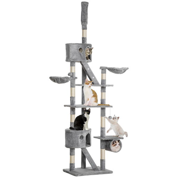 Arbre à chat géant de 240 à 250 cm, hauteur plafond, griffoir, centre d'activités, gris clair