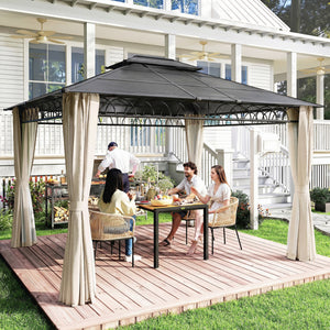 10' x 12' gazebo with double rigid roof, polycarbonate roof, steel frame, mosquito netting and curtains