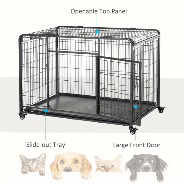 Cage pliable ultra-résistante avec double porte, roulettes verrouillables et plateau