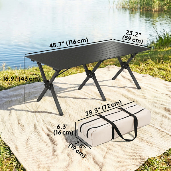 Table de camping pliante imperméable avec plateau enroulable et structure en métal, noire