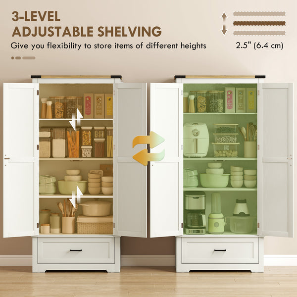 Armoire de cuisine de style ferme avec 2 portes, un tiroir et des étagères réglables, blanc crème
