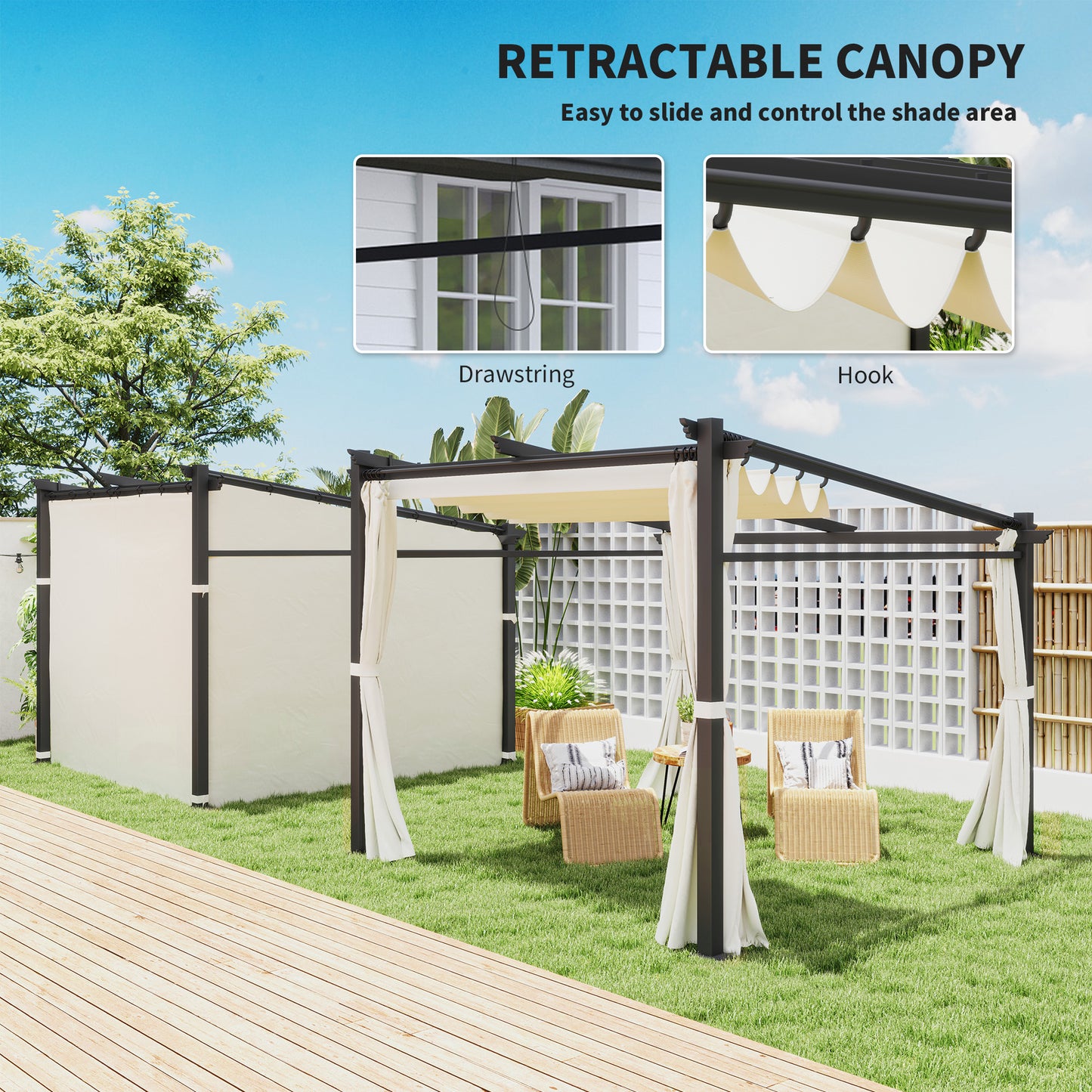 Pergola métallique avec toit coulissant, pergola rétractable, 3 m x 3 m, beige