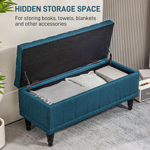 Pouf de rangement en tissu lin avec capitonnage à boutons, bleu