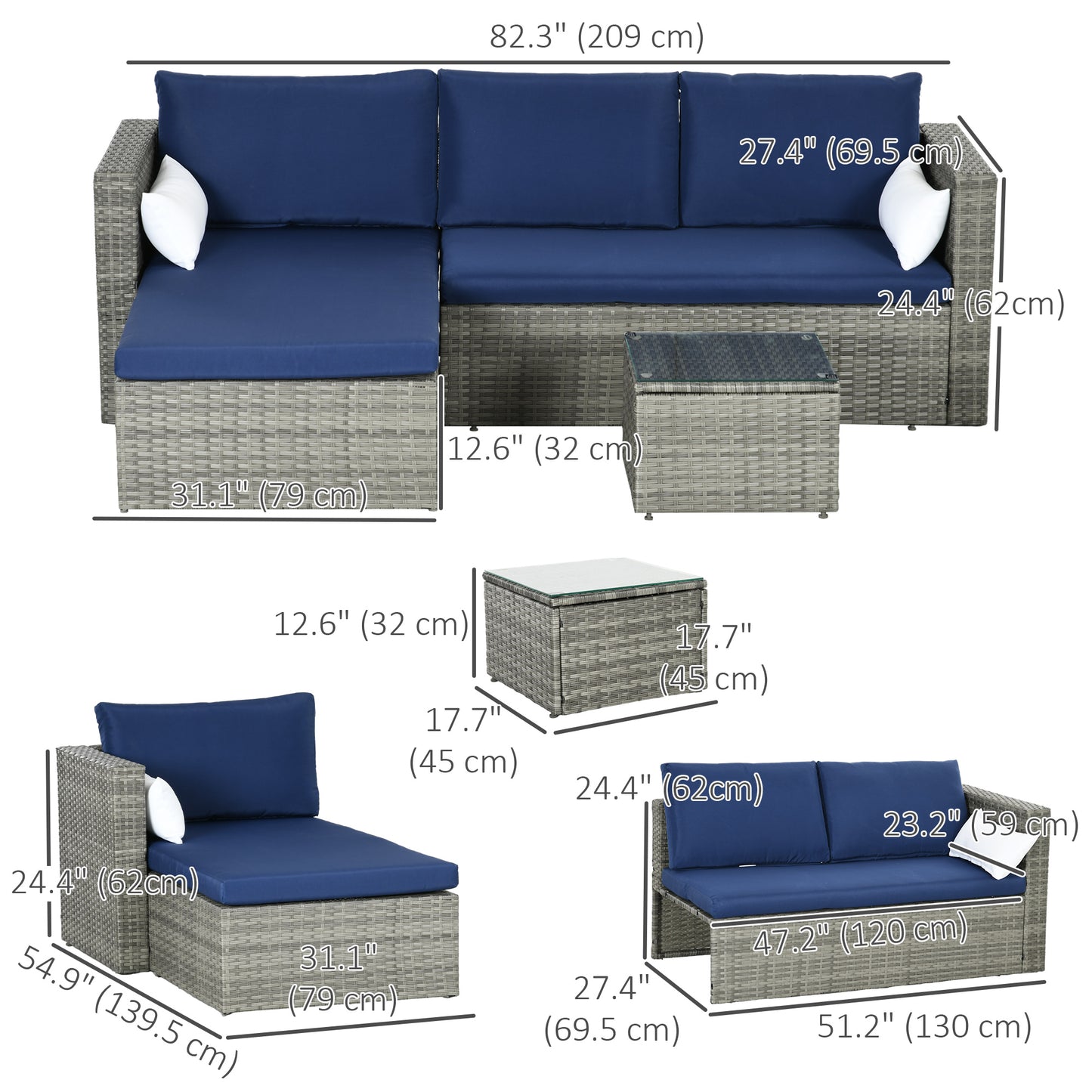 Outsunny 3 Piece Modern Rattan Sofa Set, Wicker Garden Furniture with Coffee Table, Cushions and Pillows