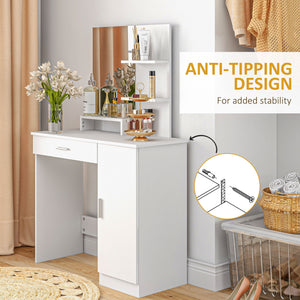 Coiffeuse avec miroir,  tiroir et compartiment ouvert, blanc