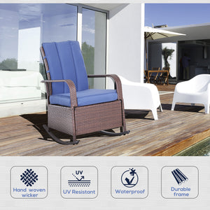Fauteuil inclinable à bascule d'extérieur en résine tressée avec coussin, bleu foncé