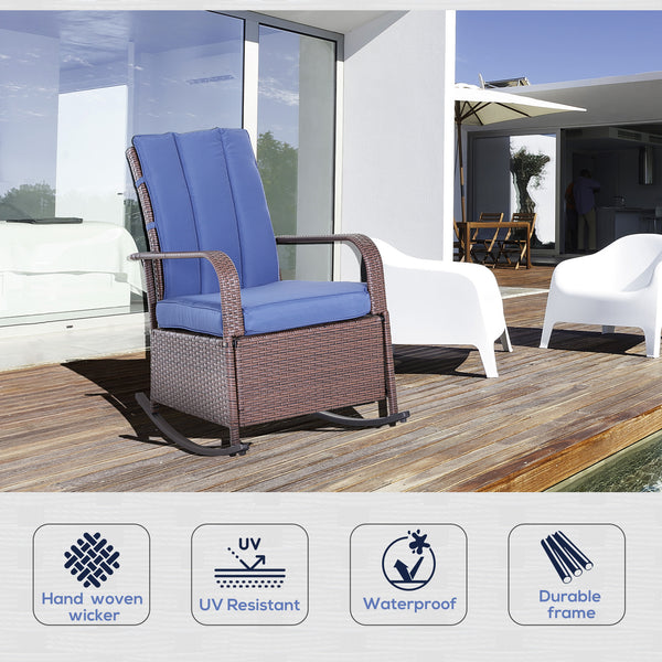 Fauteuil inclinable à bascule d'extérieur en résine tressée avec coussin, bleu foncé