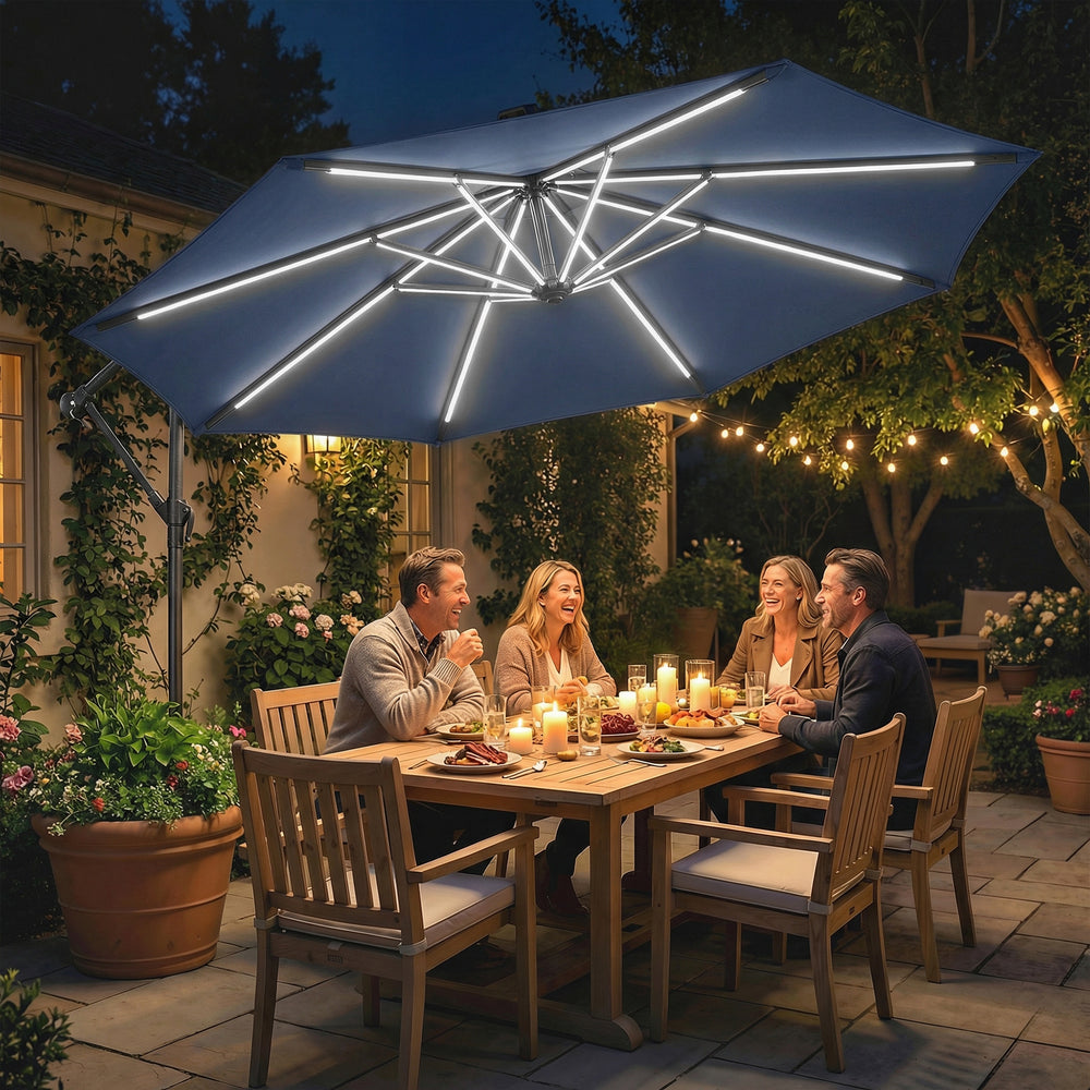 Parasol déporté de 3 m avec éclairage solaire, rotation à 360°, inclinaison et housse de protection, bleu marine