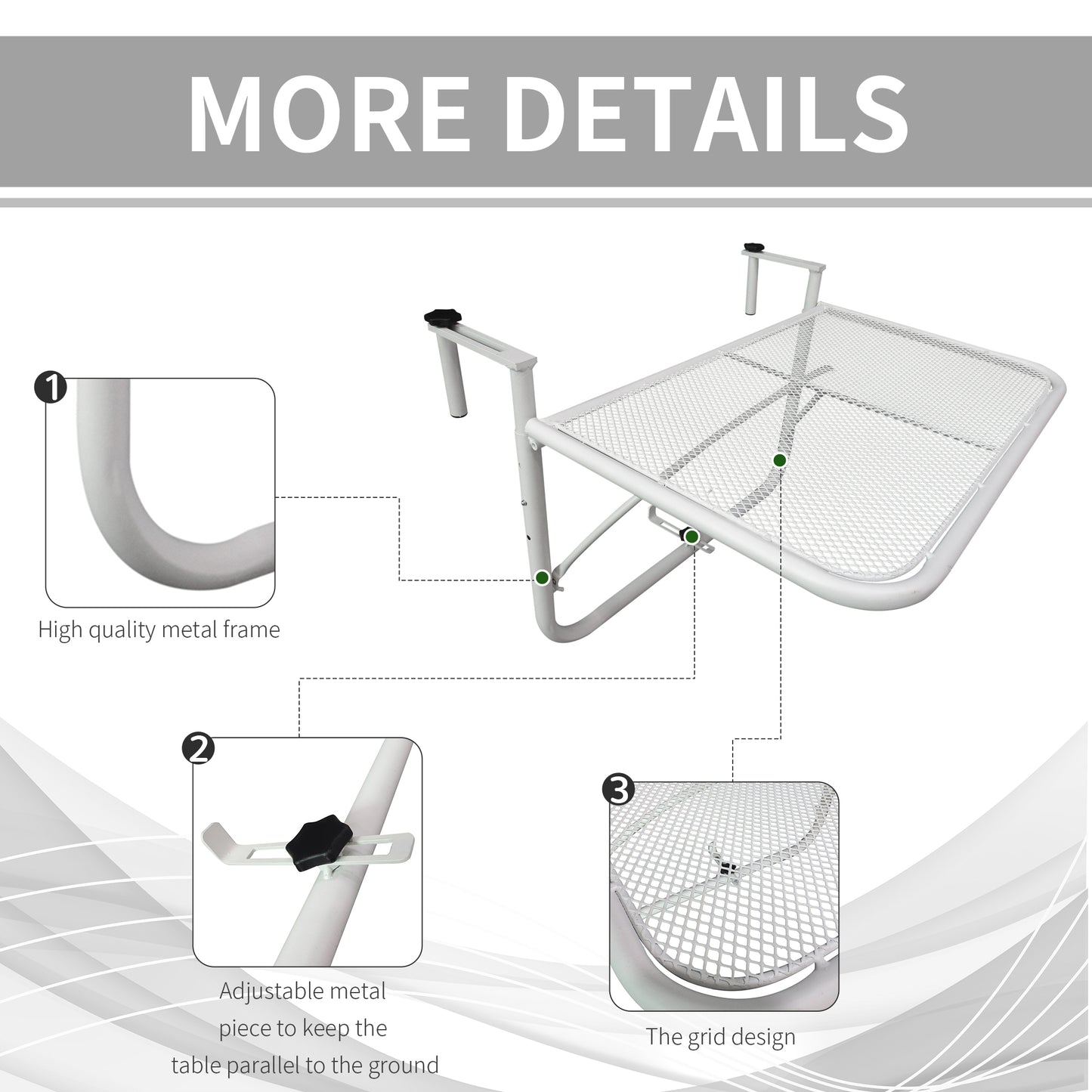 Table de balcon réglable en métal, pour balcon extérieur, blanche