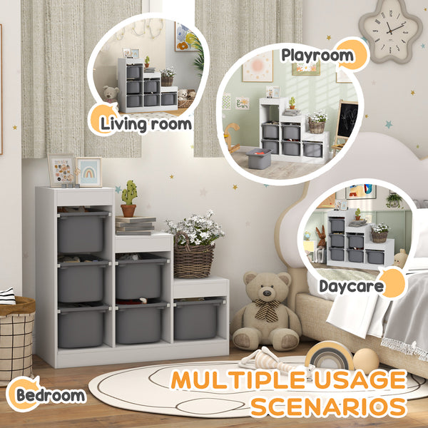 3-Tier Toy Storage Shelf with 6 Plastic Bins, White