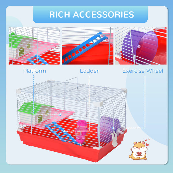 PawHut Hamster Cage: 18.5'' with Accessories, Rat House, 2-Story Design, Red, Small Pet Home |
