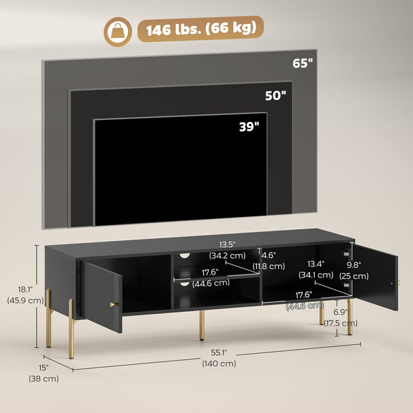 TV stand for TVs up to 65 inches, multimedia center with 2 open shelves, 2 cupboards and steel legs for living room, black