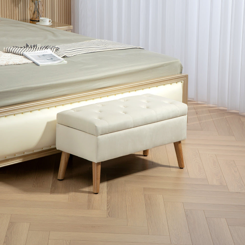 Pouf de rangement avec couvercle rembourré en velours et pieds en bois, blanc crème