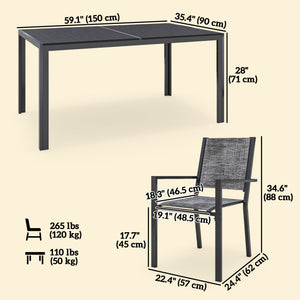 7 Piece Outdoor Dining Set with 6 Stackable Chairs, Rectangle Table, WPC Slatted Top, Rust-Resistant Steel Frame