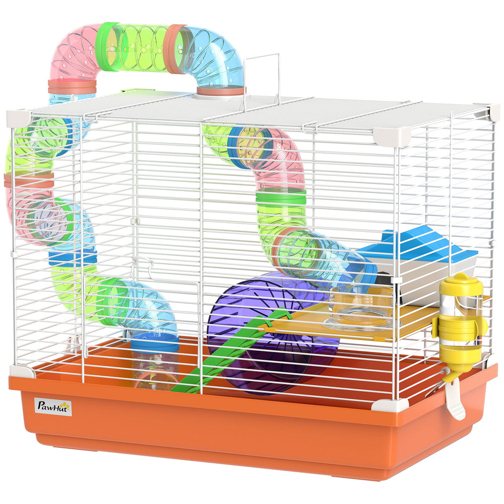 Cage à 2 niveaux avec tunnel pour petits rongeurs, orange