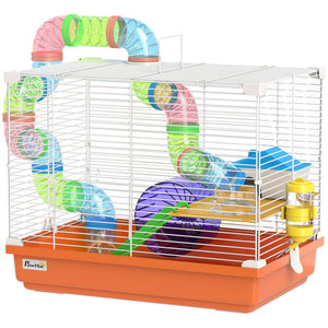 Cage à 2 niveaux avec tunnel pour petits rongeurs, orange