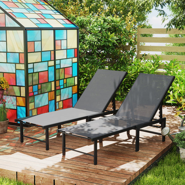 Outdoor Lounge Chair Set of 2, 5-Position Reclining Outdoor Chaise Lounge Tanning Chair with Mesh Seat, Grey