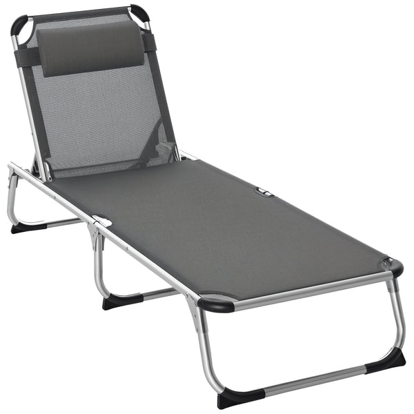 Folding Lounge Chair, Patio Lounger with Headrest, 5-Level Adjustable Backrest, and Aluminum Frame, Grey