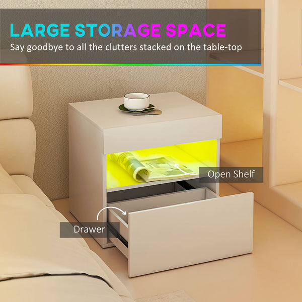 Table de chevet avec éclairage LED, tiroir et étagère ouverte
