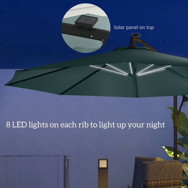 Parasol déporté suspendu de 10 pieds avec éclairage LED solaire, vert