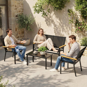 Ensemble de mobilier de jardin 4 pièces avec canapé et table basse en verre trempé, noir.