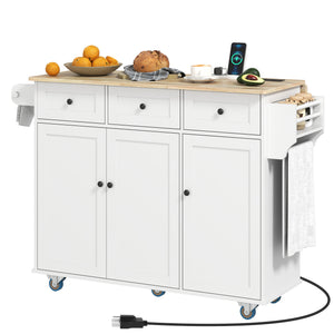 Îlot de cuisine mobile blanc avec comptoir rabattable, prises électriques et 3 tiroirs