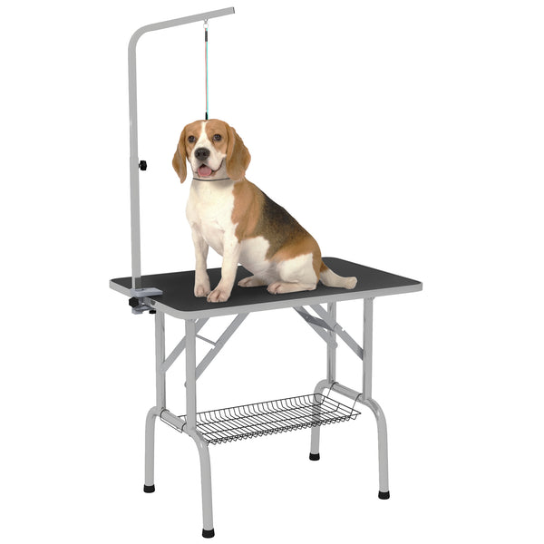 Table de toilettage pliable avec bras de toilettage réglable en hauteur et étagère de rangement, noire