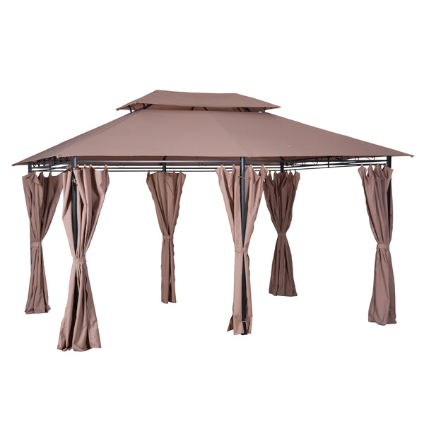 10' x 13' Patio Gazebo, Outdoor 2-Tiers Garden Canopy Yard Sunshade Shelter with Curtains, Khaki