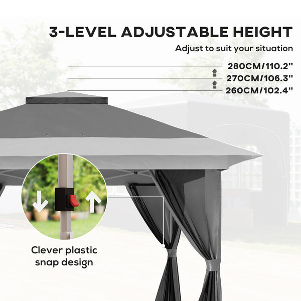 Gazebo 11,7' x 11,7' avec filet, abri solaire instantané UPF50+ avec sac de transport à roulettes et sacs de sable
