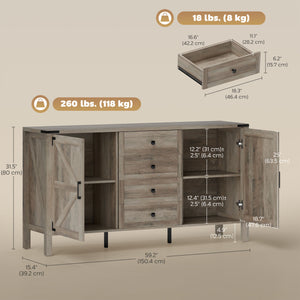 Country style sideboard with thick top, 2 barn doors, 4 drawers and 2 adjustable shelves, gray