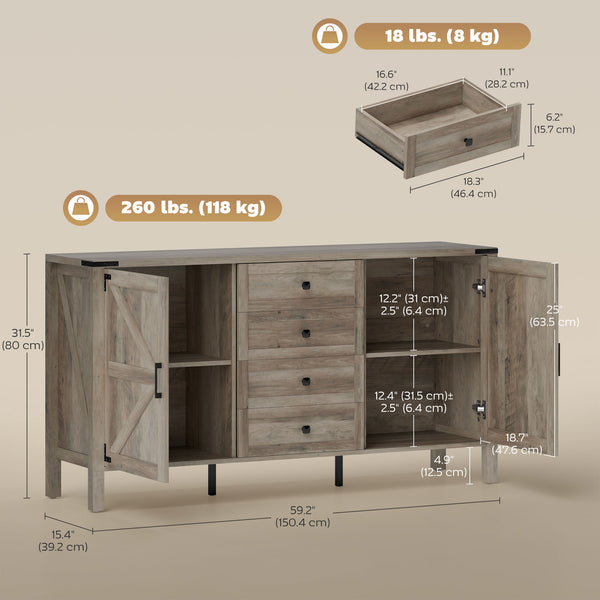 Country style sideboard with thick top, 2 barn doors, 4 drawers and 2 adjustable shelves, gray