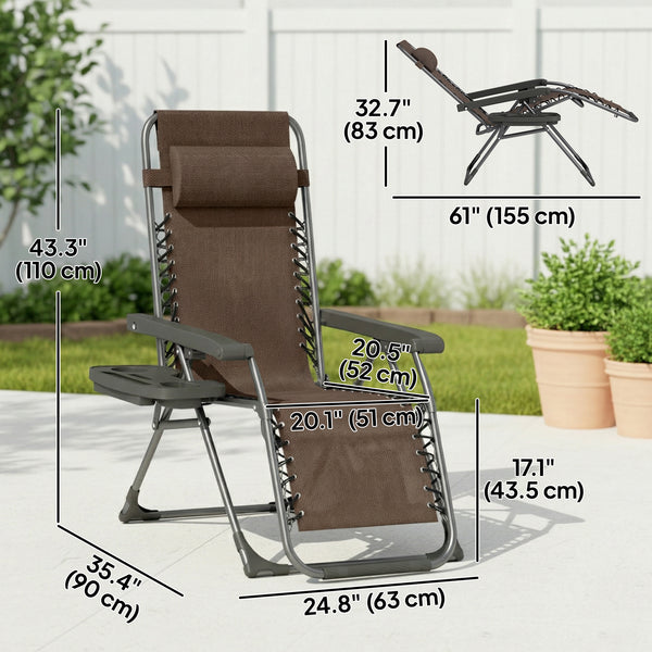 Ensemble de 2 chaises longues d'extérieur Zero Gravity, pliantes et inclinables, avec porte-gobelet et appui-tête, marron