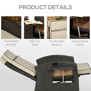 Outdoor Recliner Chair with Adjustable Backrest, Cushion, Side Tray, Khaki
