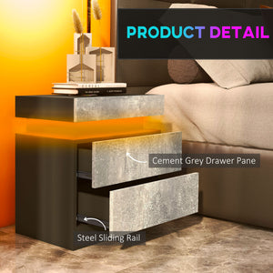Table de chevet avec éclairage LED et 2 tiroirs pour chambre et salon, gris ciment
