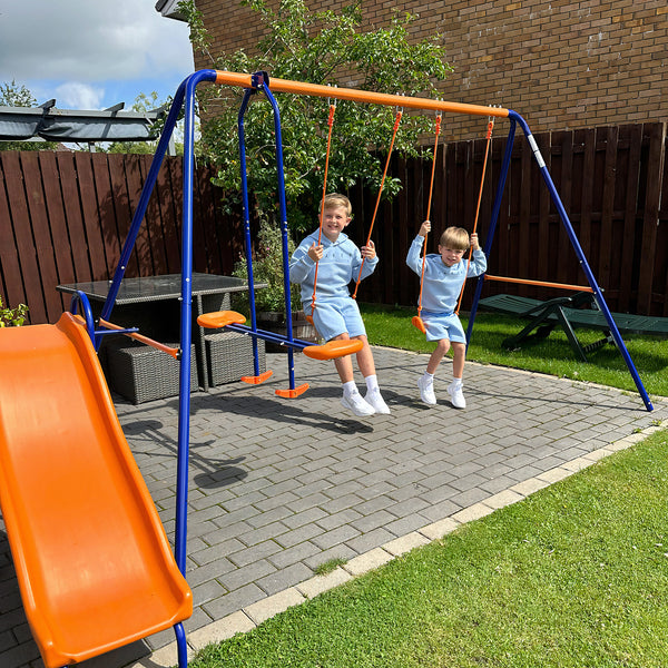 4 in 1 Metal Swing Set with Double Swings, Glider, Slide, Ladder for Backyard, Outdoor, Playground, Multicoloured