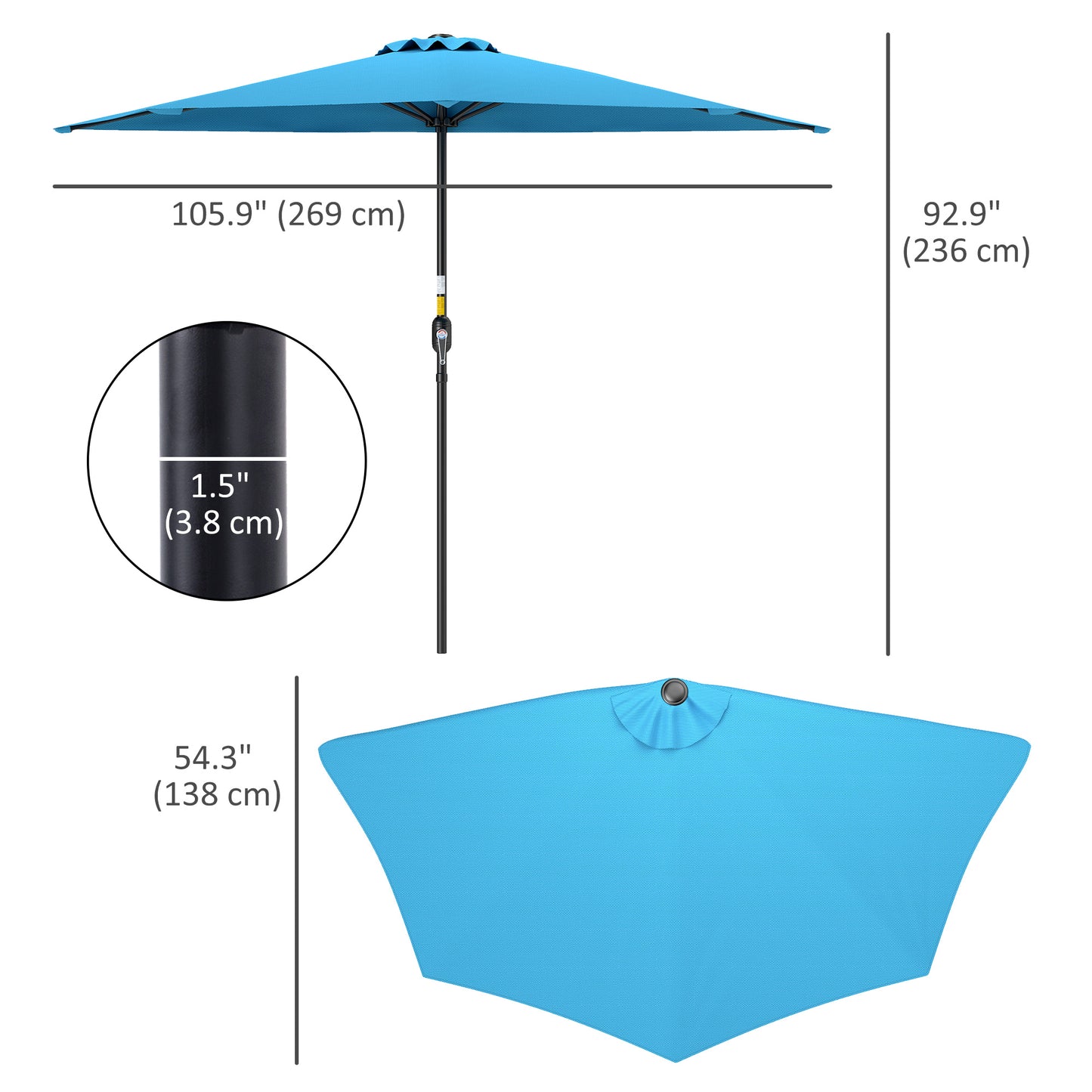Outsunny 2.7m Half Round Parasol for Patio, Garden, Balcony, Window, Sun Shade with 5 Ribs, Light Blue