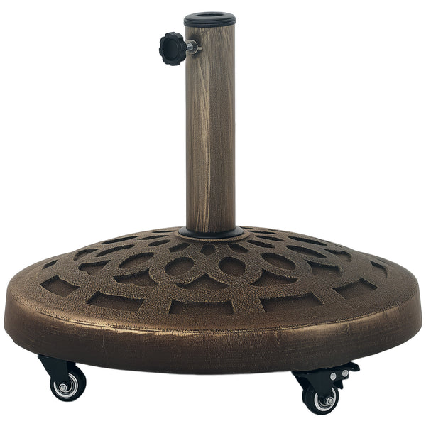Pied de parasol rond avec roulettes en résine de 20 kg, robuste pour poteaux de 3,3 cm, 3,8 cm et 4,8 cm, bronze
