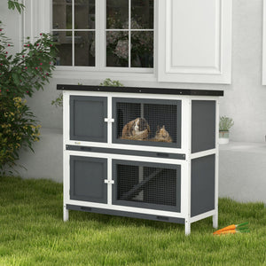 Clapier en bois avec 2 grandes niches principales, gris