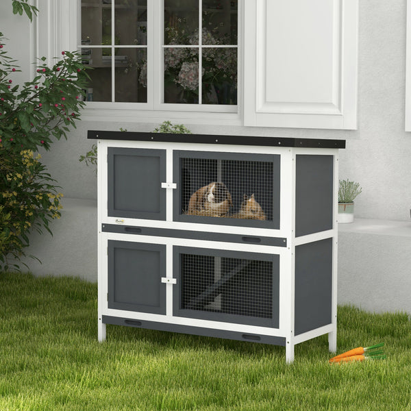 Clapier en bois avec 2 grandes niches principales, gris