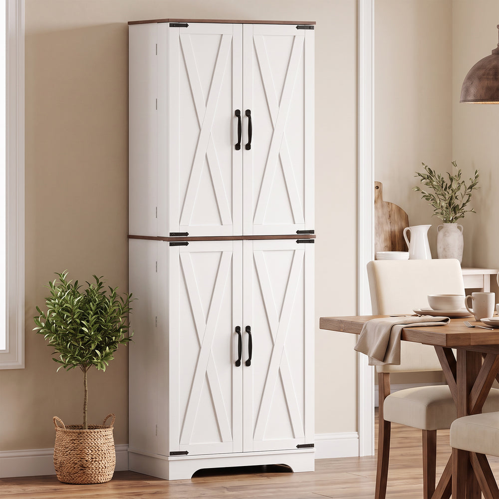 Garde-manger haut style champêtre avec 2 armoires, porte et tablettes ajustables, blanc