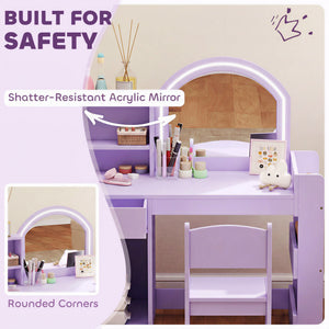 Coiffeuse pour enfant avec miroir LED bicolore, rangements et chaise, mauve