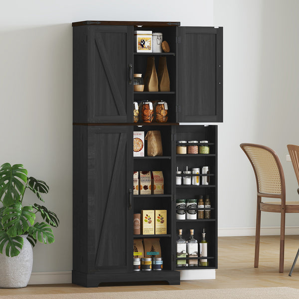 Armoire de cuisine avec étagères à épices et étagères réglables, finition bois noir.