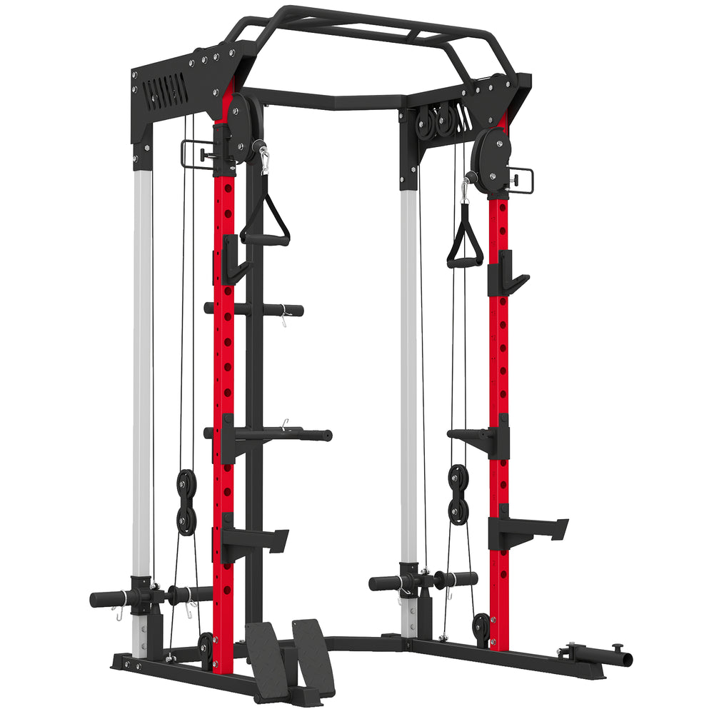 Cage de musculation avec système de poulies réglables, barre de traction, station de dips, barre de traction Landmine