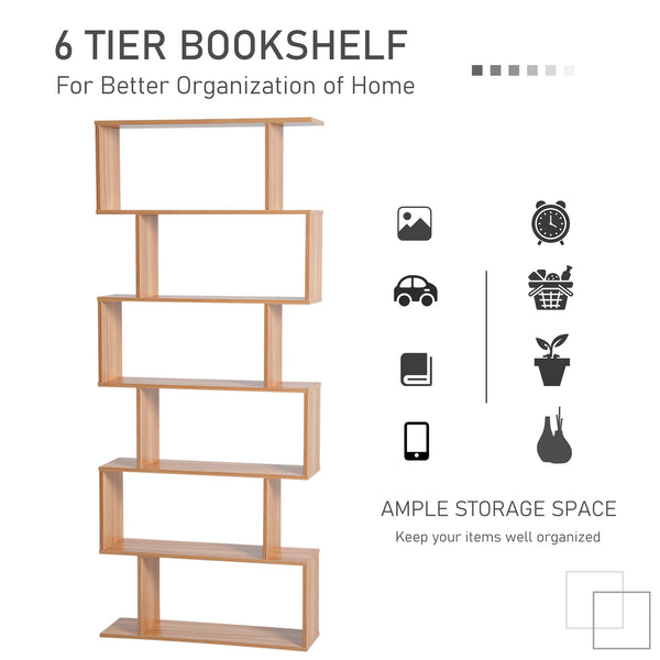 Bibliothèque géométrique en bois à 6 niveaux en forme de S, érable