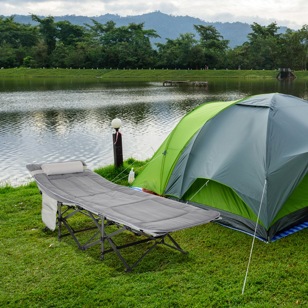 Lit de camp pliant avec matelas et oreiller, gris clair