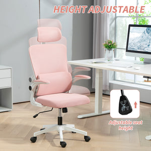 High-back mesh office chair with swivel headrest, pink