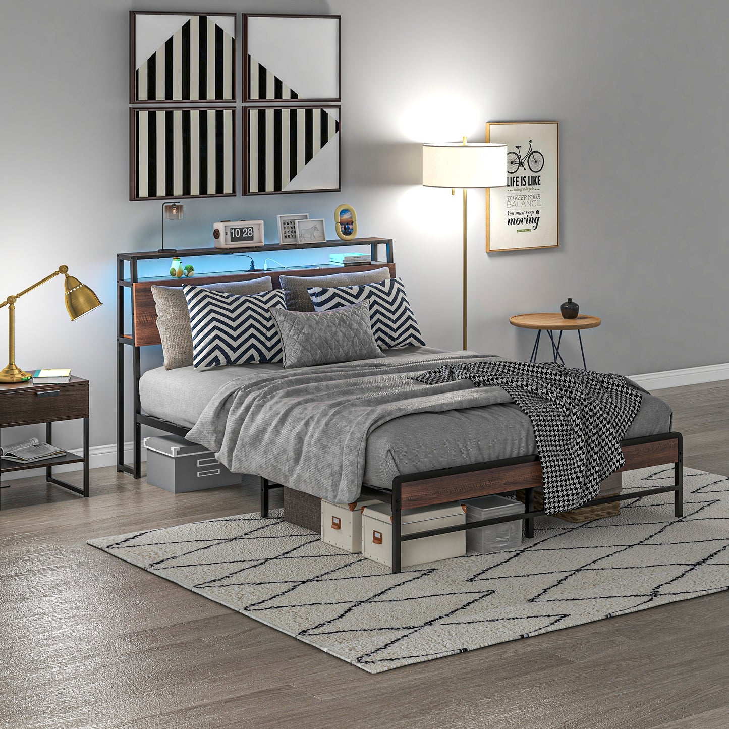 Cadre de lit Queen Size avec éclairage LED et station de charge, noyer