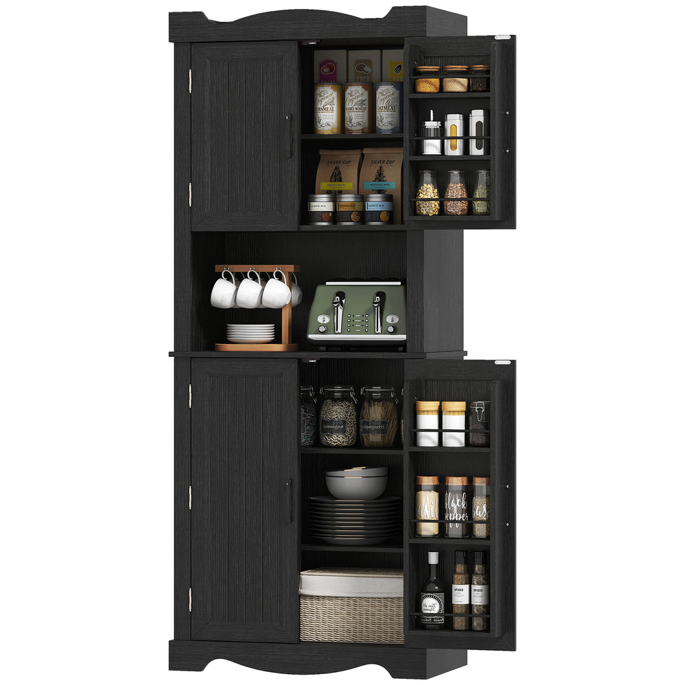 Armoire de cuisine avec 12 étagères de porte et support pour micro-ondes, noir