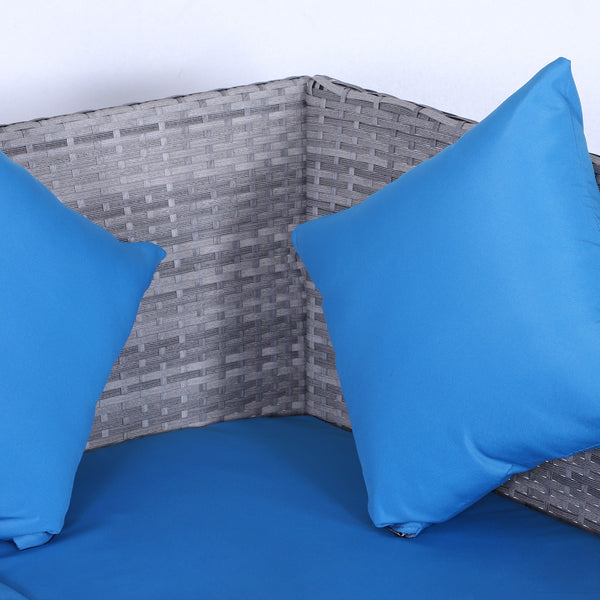 5-piece garden furniture set in woven resin with cushions, table and poufs, bright blue